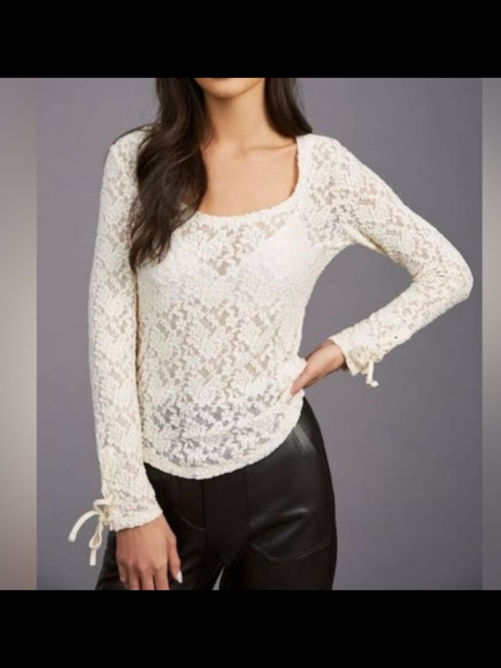 Anthropologie Ivory Lace Long-Sleeve Scoop Neck Top - Size LARGE